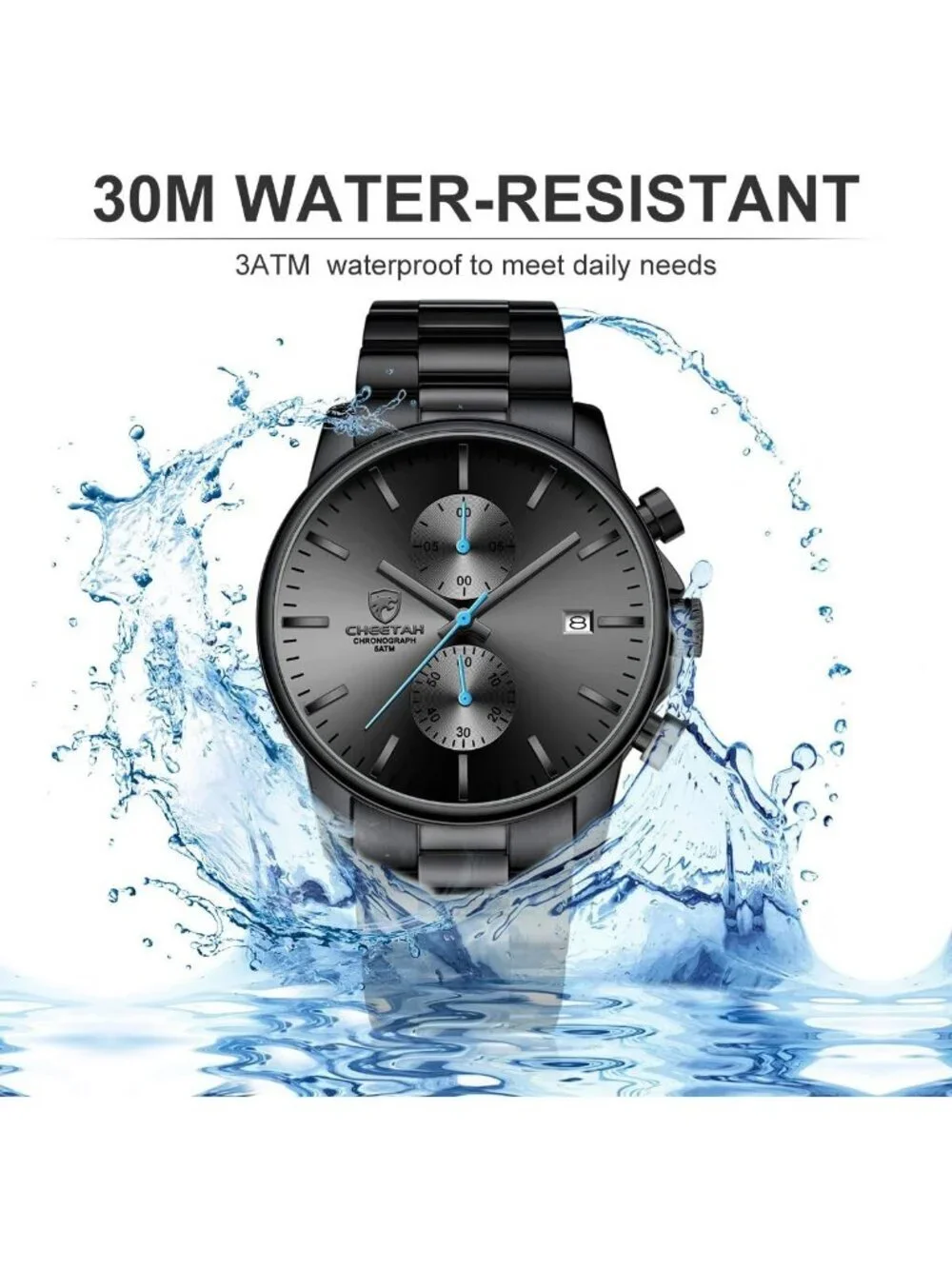 Men's Black Blue Classic Stainless Steel Waterproof Chronograph Quartz Watch